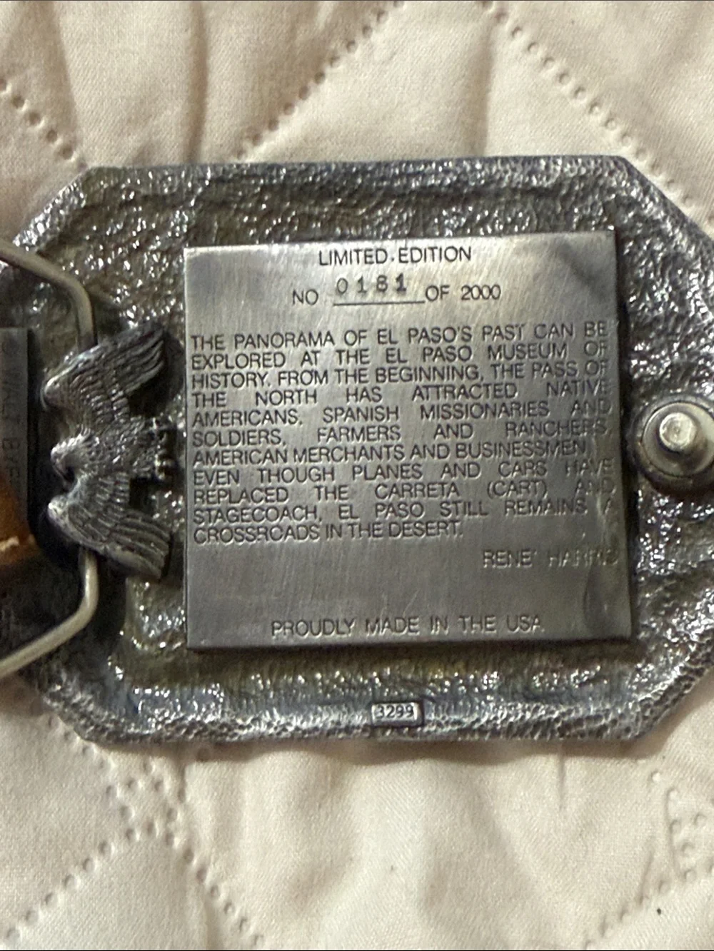 VTG El Paso Museum of History Pewter Belt Buckle #0181 w/tan Suede Belt 1991